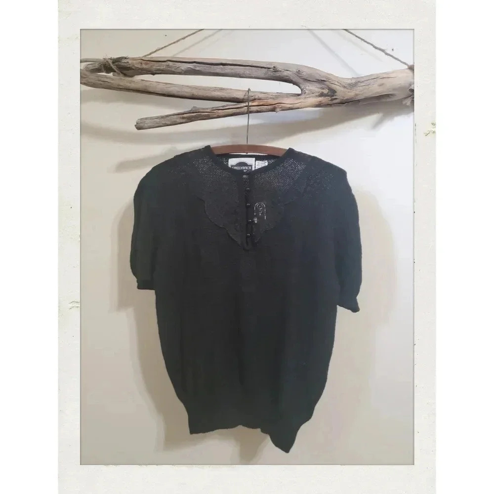 Vintage Black Lace Lolita Gothic Small Button Up Ruffle Sleeve Knit Blouse NWT